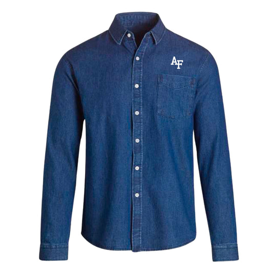Dark blue denim Air Force Academy button-up shirt featuring white AF logo on left chest