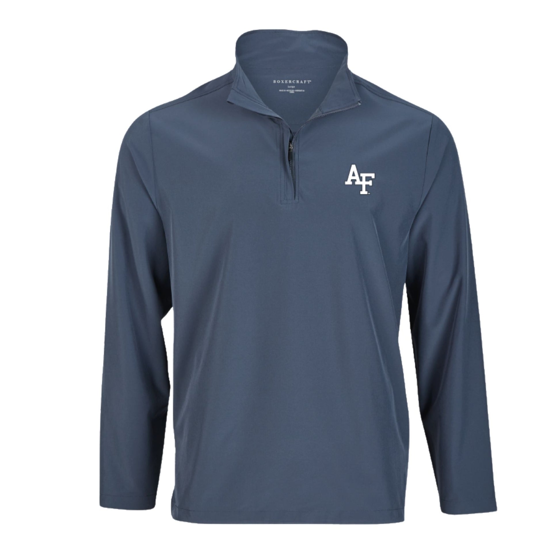 Dark blue Air Force Academy quarter-zip pullover featuring white AF logo on left chest