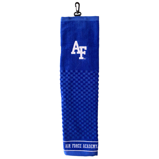 Royal blue Air Force Academy golf towel with embroidered AF logo and “Air Force Academy” text, featuring textured grip pattern and clip attachment.
