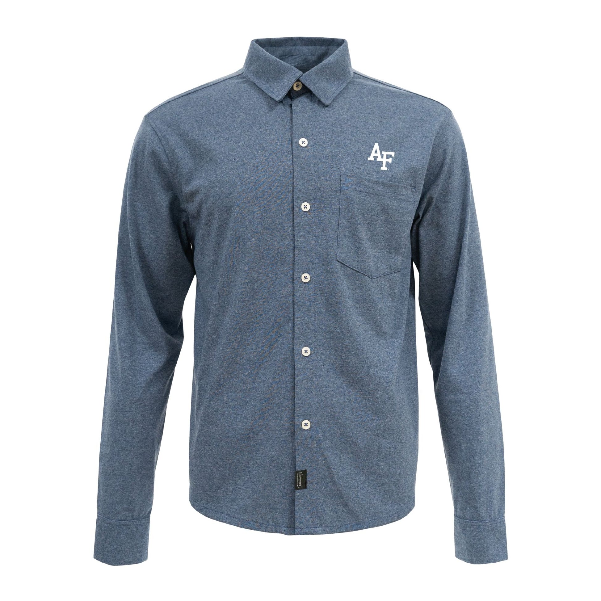 Heathered blue Air Force Academy button-up shirt featuring white AF logo on left chest