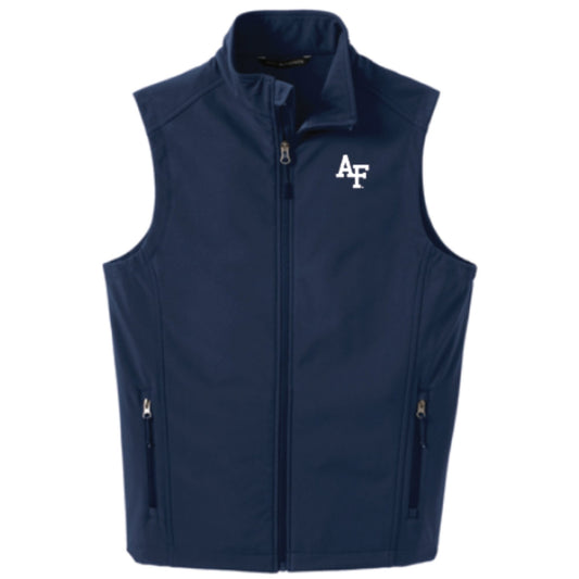 Navy Air Force Academy full-zip vest featuring white AF logo on left chest