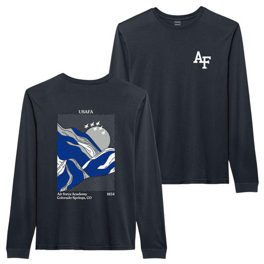 Dark gray Air Force Academy long-sleeve T-shirt featuring AF logo on chest and USAFA mountain graphic on back