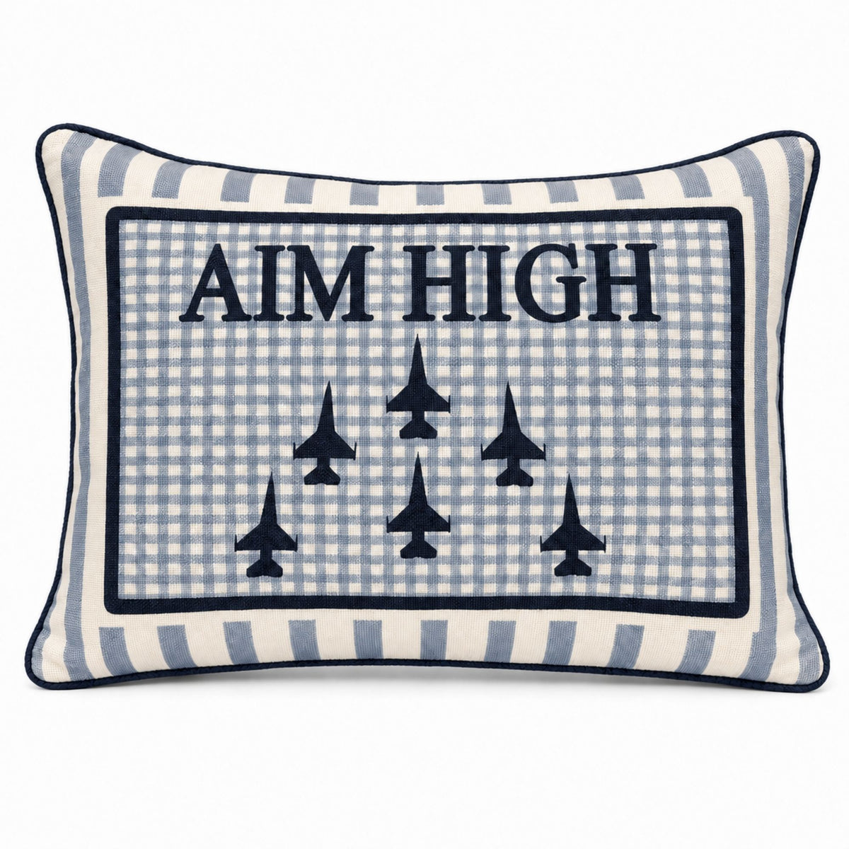 Air Force Academy Aim High blue rectangular decorative pillow.