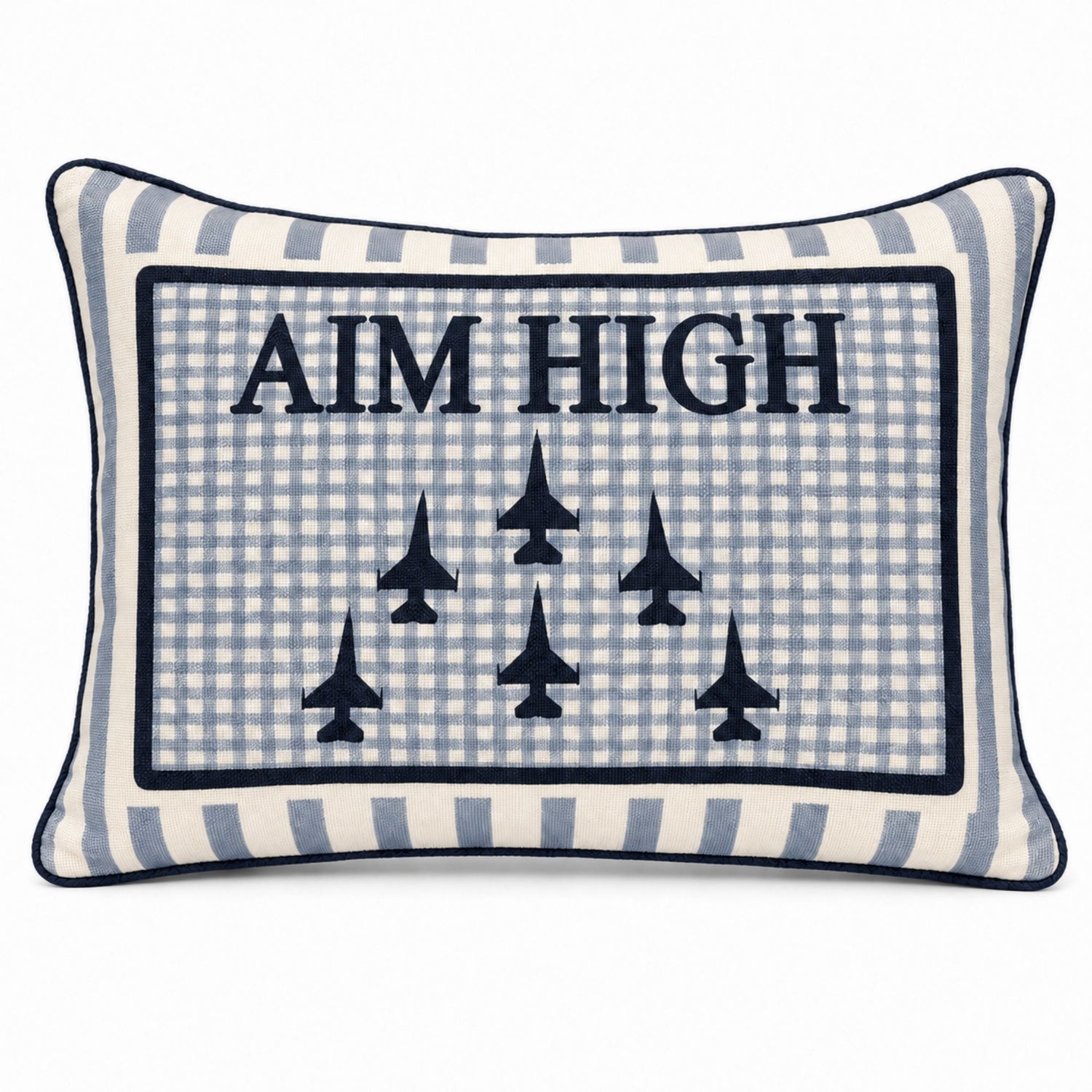 Air Force Academy Aim High blue rectangular decorative pillow.