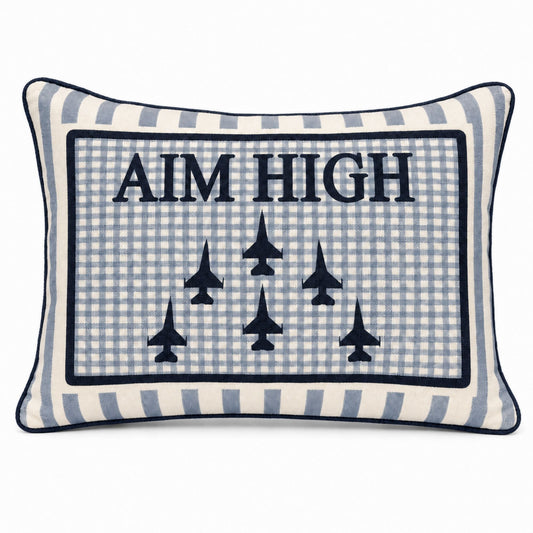 Air Force Academy Aim High blue rectangular decorative pillow.
