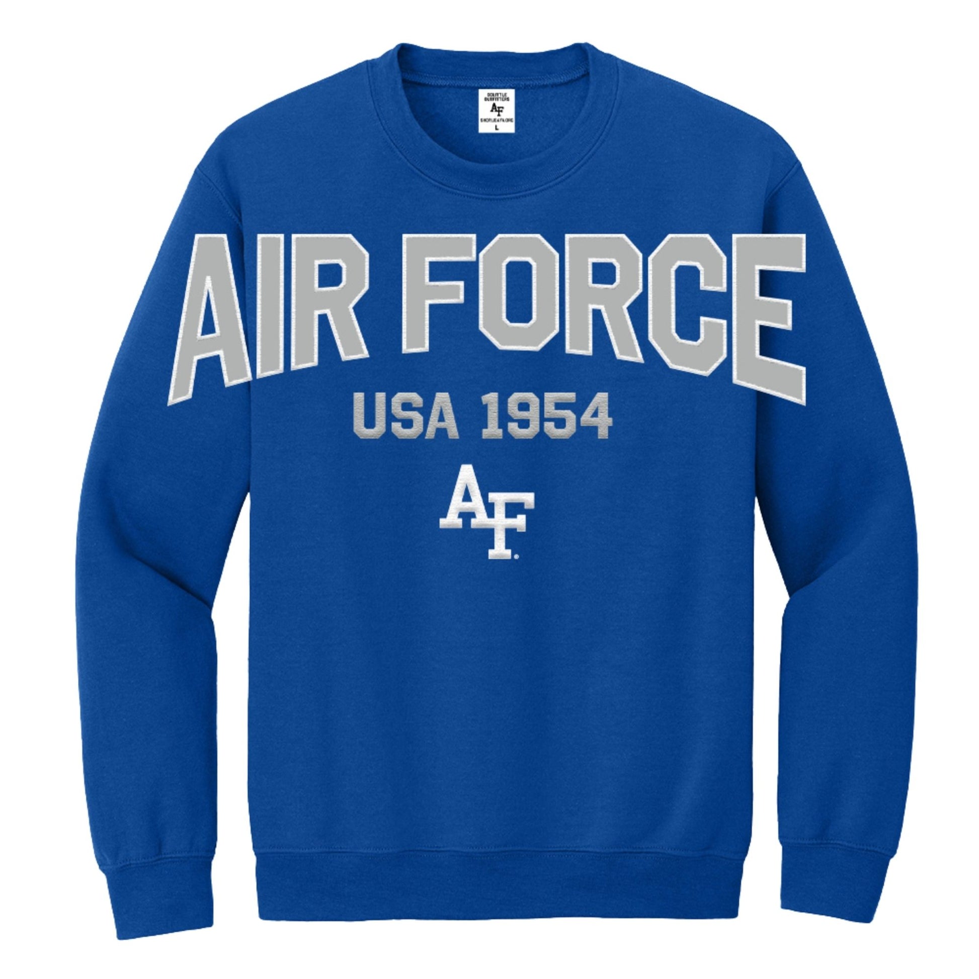 USAFA blue Air Force Academy crewneck sweatshirt featuring AIR FORCE text, USA 1954, and AF logo on front