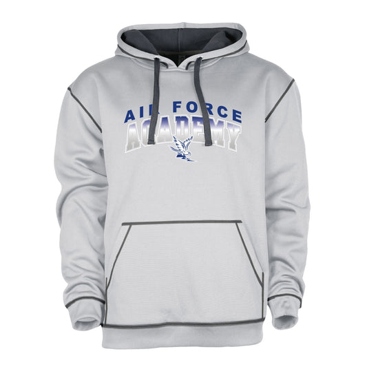 Light gray Air Force Academy hoodie featuring arched text and falcon logo on front