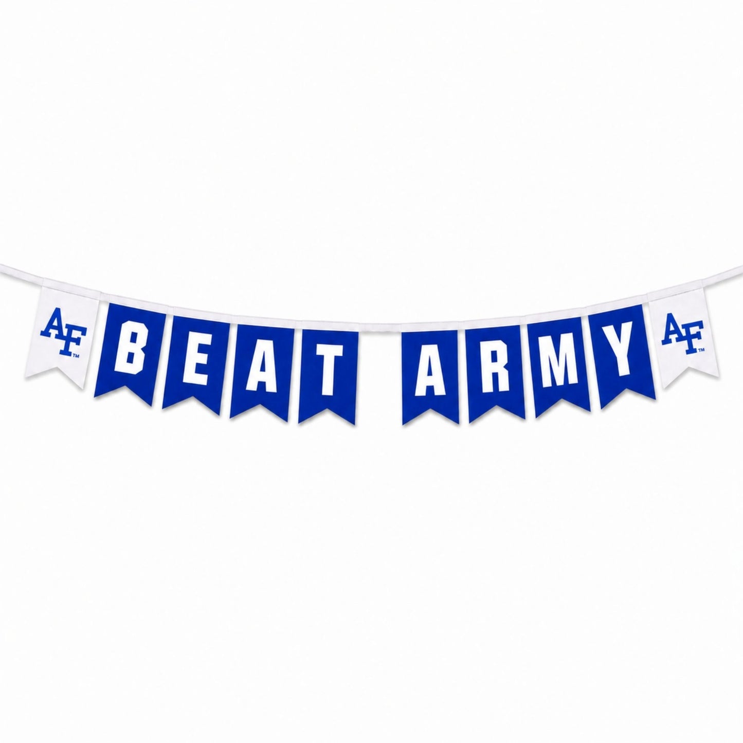 Air Force Academy Beat Army felt banner with royal blue and white pennants connected by a white grosgrain ribbon
