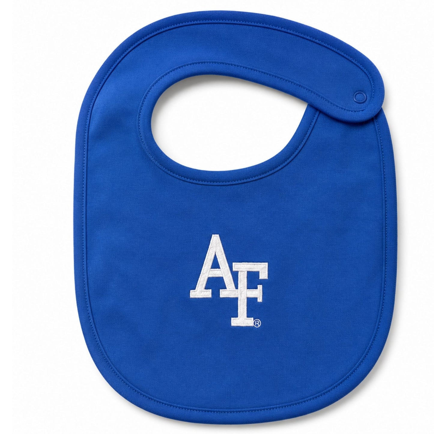 Royal blue Air Force Academy baby bib with embroidered AF logo and snap closure.