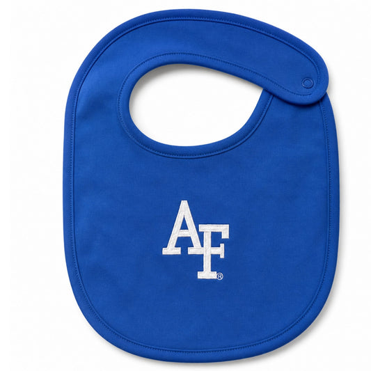 Royal blue Air Force Academy baby bib with embroidered AF logo and snap closure.