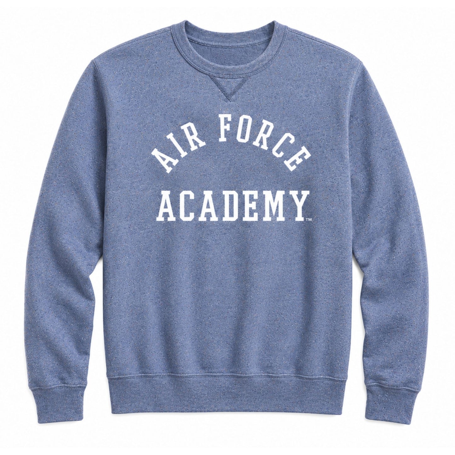 Blue rainbow fleck Air Force Academy collegiate crewneck sweatshirt with vintage wash and unisex fit