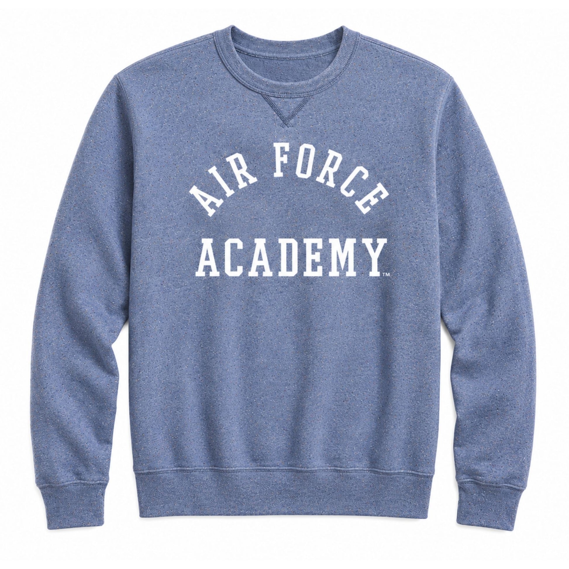 Blue rainbow fleck Air Force Academy collegiate crewneck sweatshirt with vintage wash and unisex fit