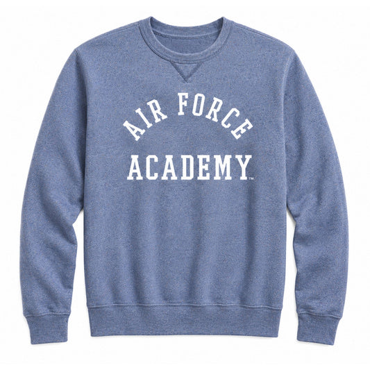 Blue rainbow fleck Air Force Academy collegiate crewneck sweatshirt with vintage wash and unisex fit