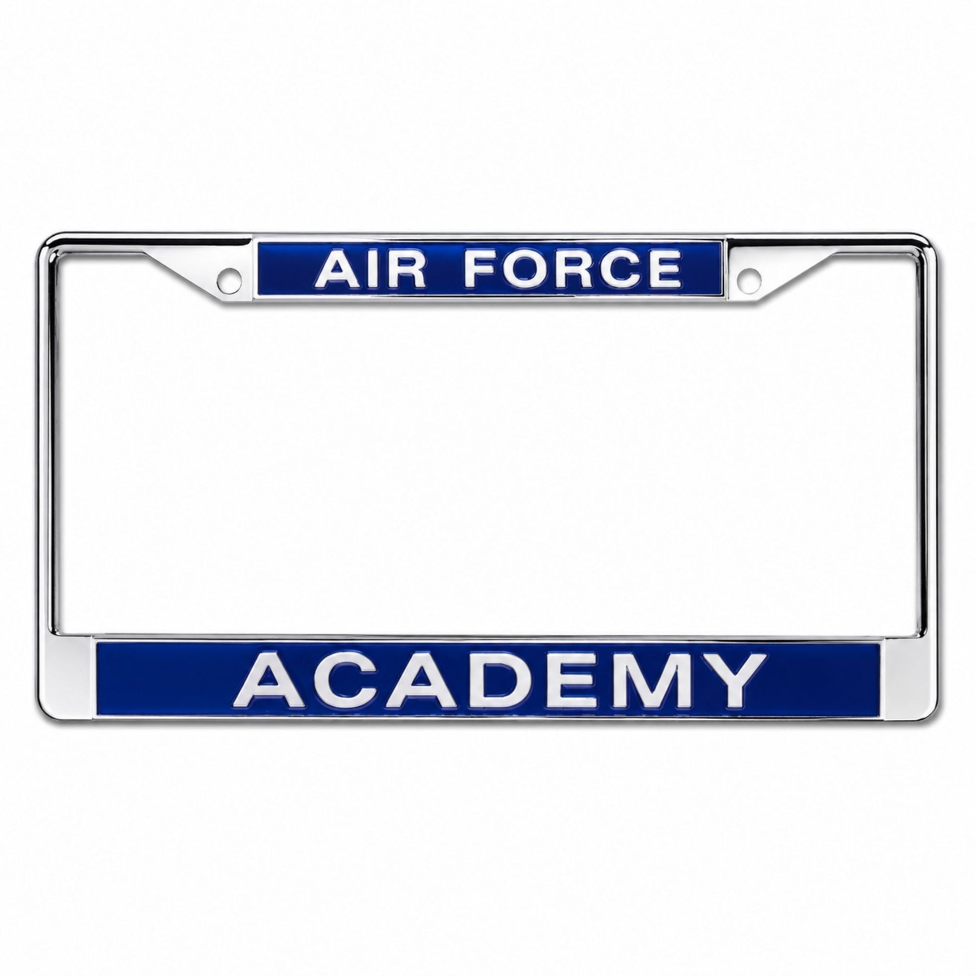Chrome Air Force Academy license plate frame with blue enamel Air Force and Academy lettering