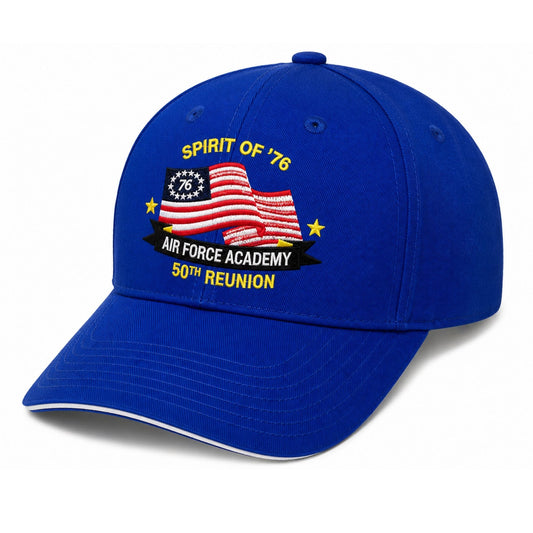Royal blue Air Force Academy Class of 1976 50th Reunion Hat with an embroidered Spirit of ’76 design.