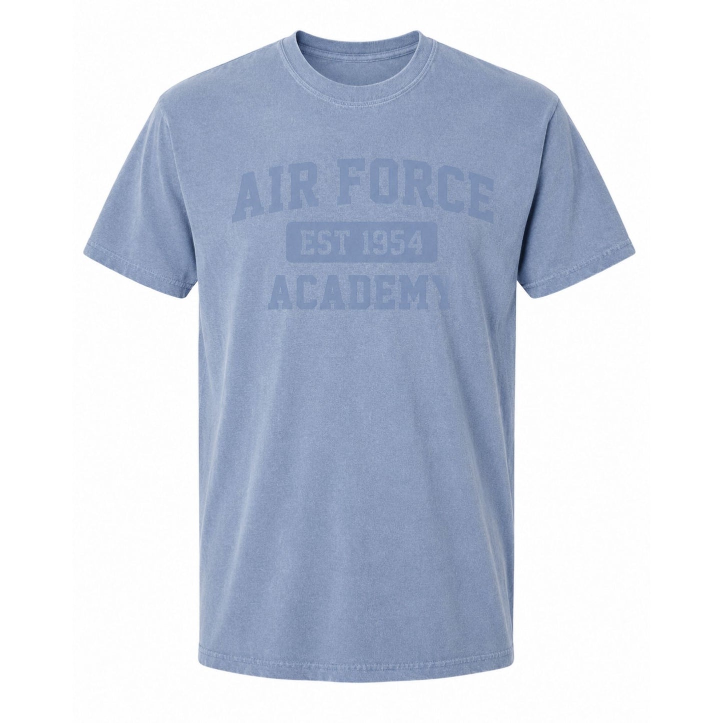 Blue Air Force Academy class color t-shirt with subtle tone-on-tone vintage graphic on white background