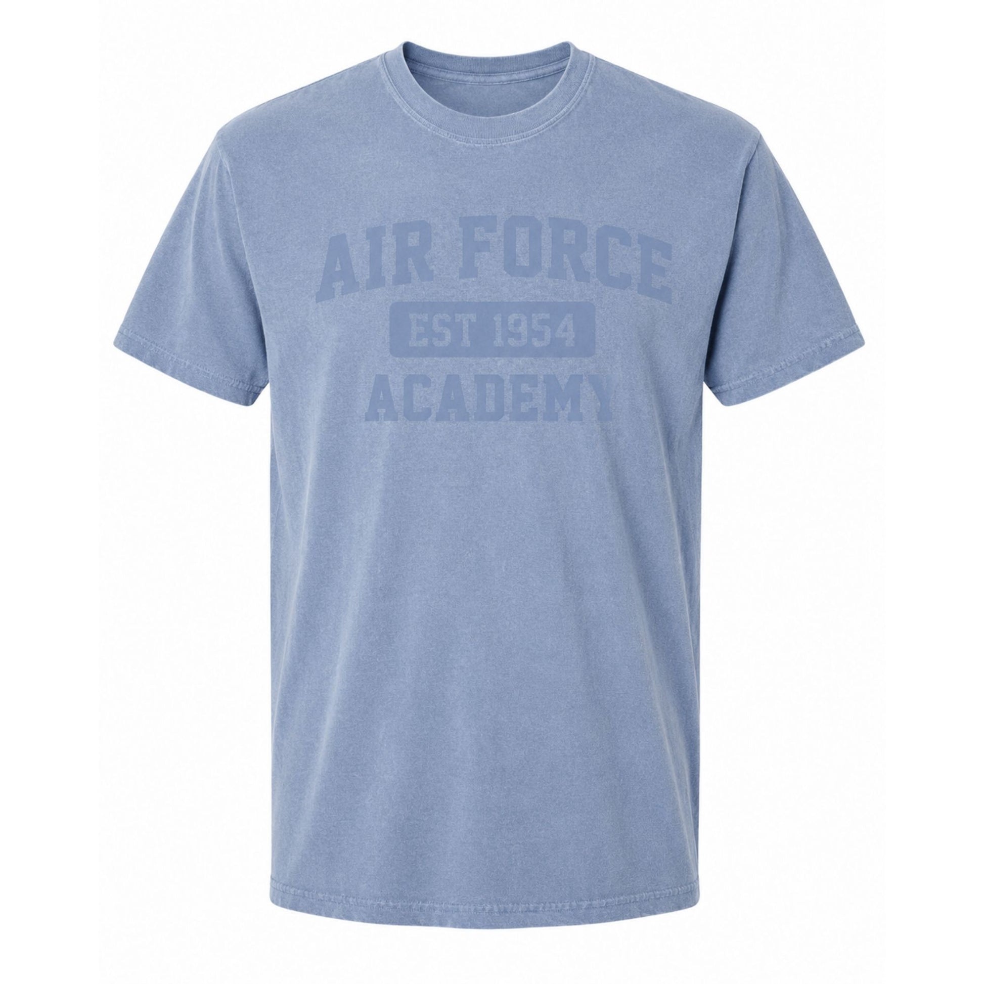 Blue Air Force Academy class color t-shirt with subtle tone-on-tone vintage graphic on white background
