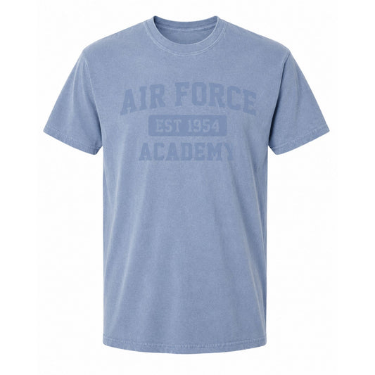 Blue Air Force Academy class color t-shirt with subtle tone-on-tone vintage graphic on white background