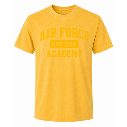 Gold Air Force Academy class color t-shirt with subtle tone-on-tone vintage graphic on white background
