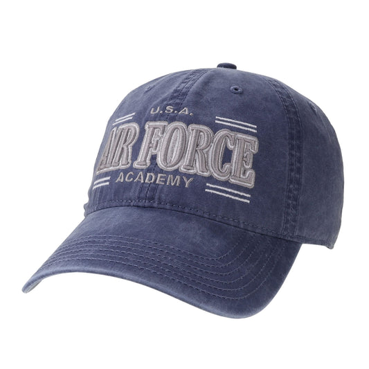 Air Force Academy blue vintage hat with embroidered USAF Air Force Academy lettering and sun-washed finish