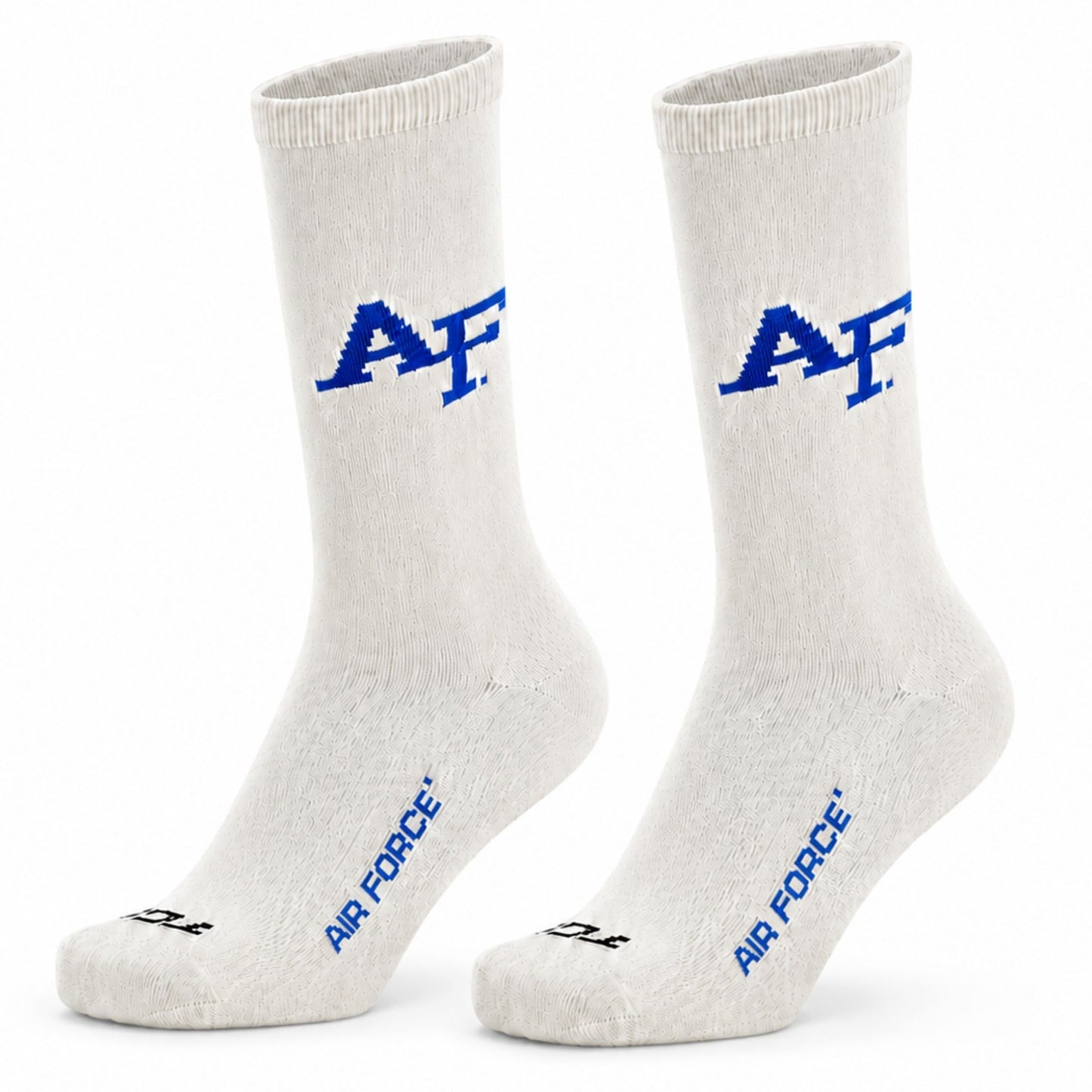 Pair of cream Air Force Academy Classic Socks with blue AF and Air Force details on a white background.