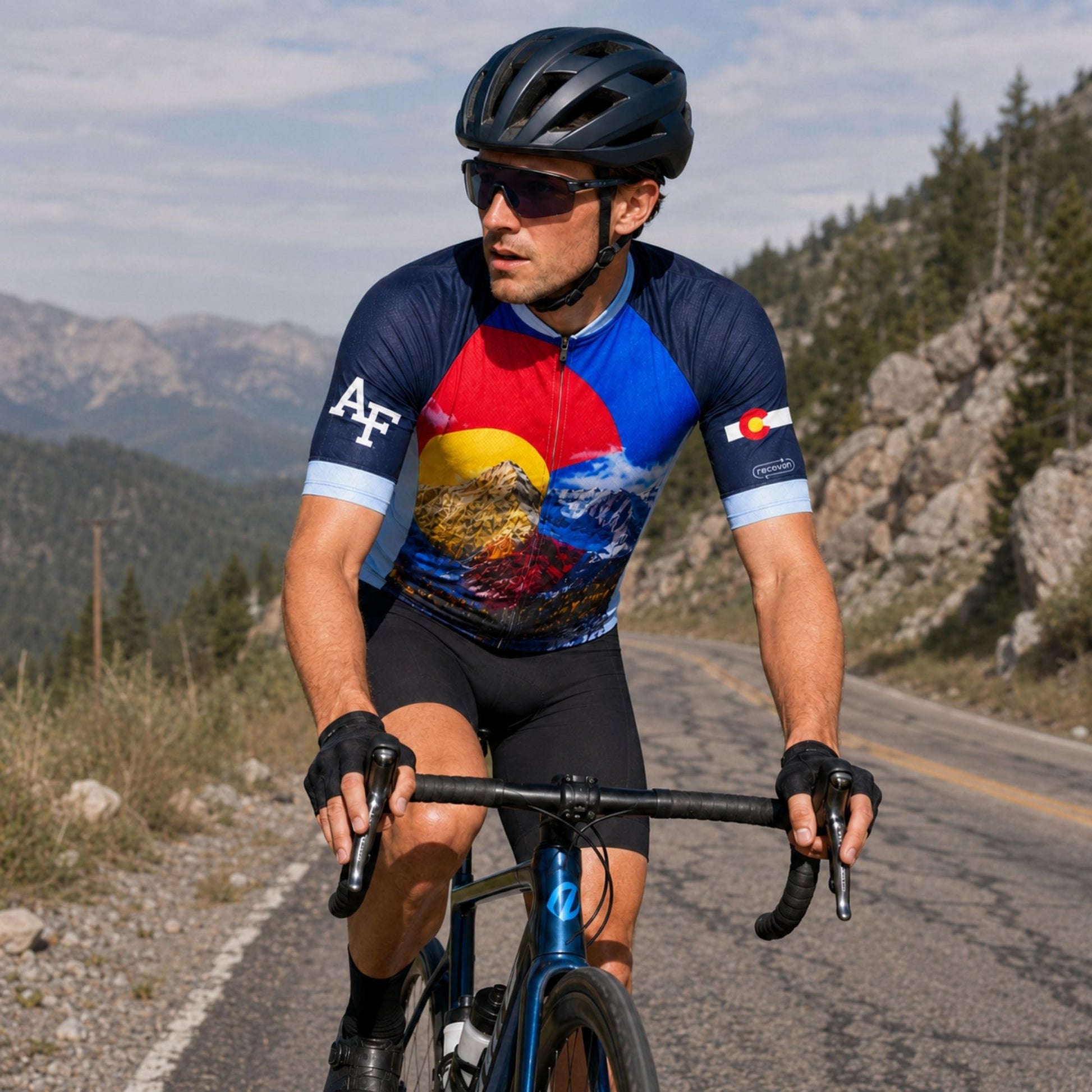 Front view of the Air Force Academy cycling jersey featuring a colorful Colorado mountain design.