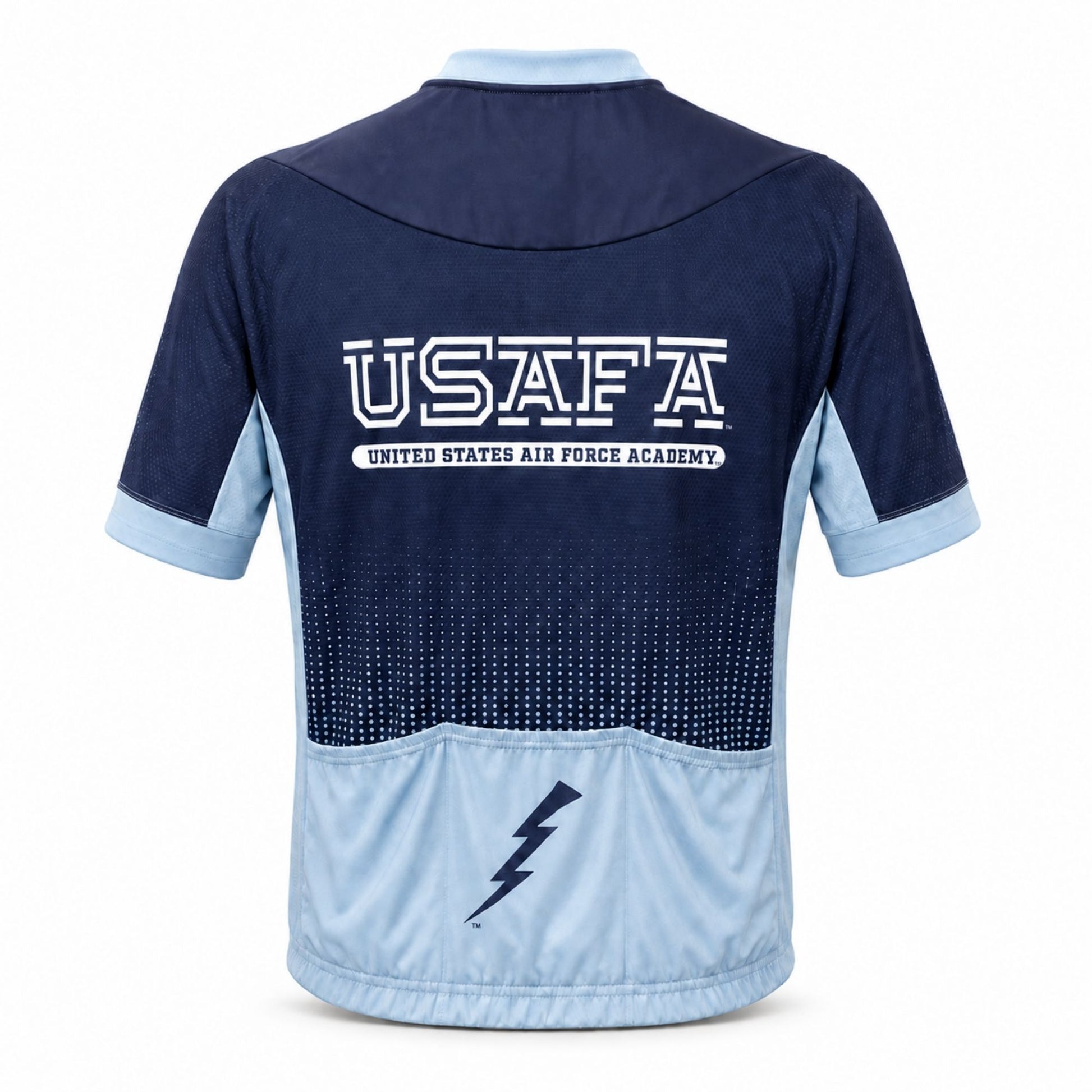 Back view of the Air Force Academy cycling jersey featuring a colorful Colorado mountain design.