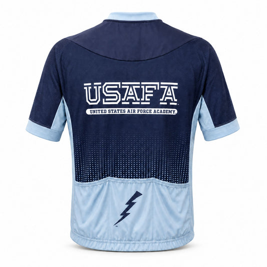 Back view of the Air Force Academy cycling jersey featuring a colorful Colorado mountain design.