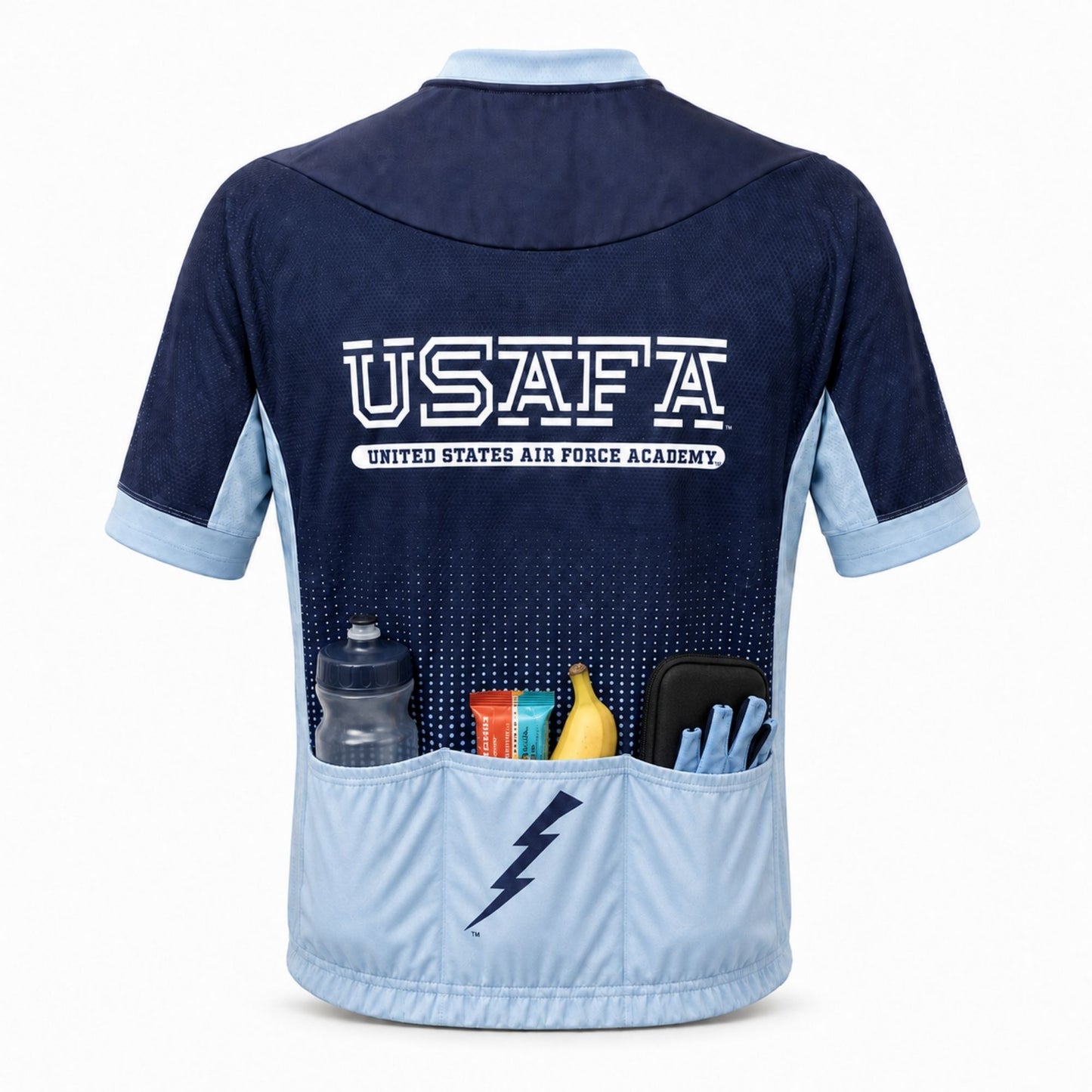 Back view of the Air Force Academy cycling jersey featuring a colorful Colorado mountain design.