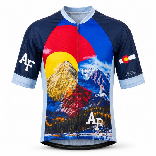 Front view of the Air Force Academy cycling jersey featuring a colorful Colorado mountain design.