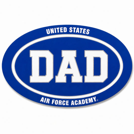 Air Force Academy DAD auto magnet in royal blue and white measuring 6 inches wide by 4 inches high.