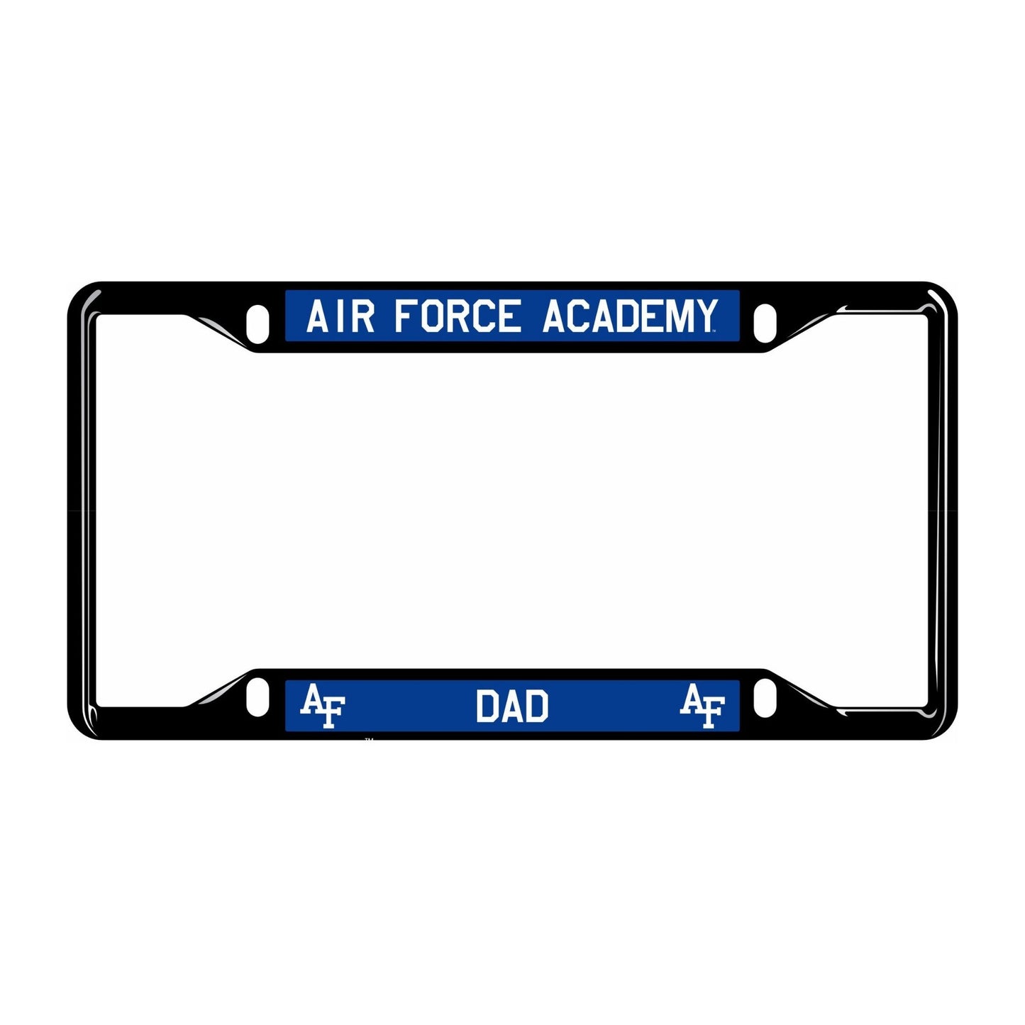 Air Force Academy Dad license plate frame in black with blue accents and AF logos