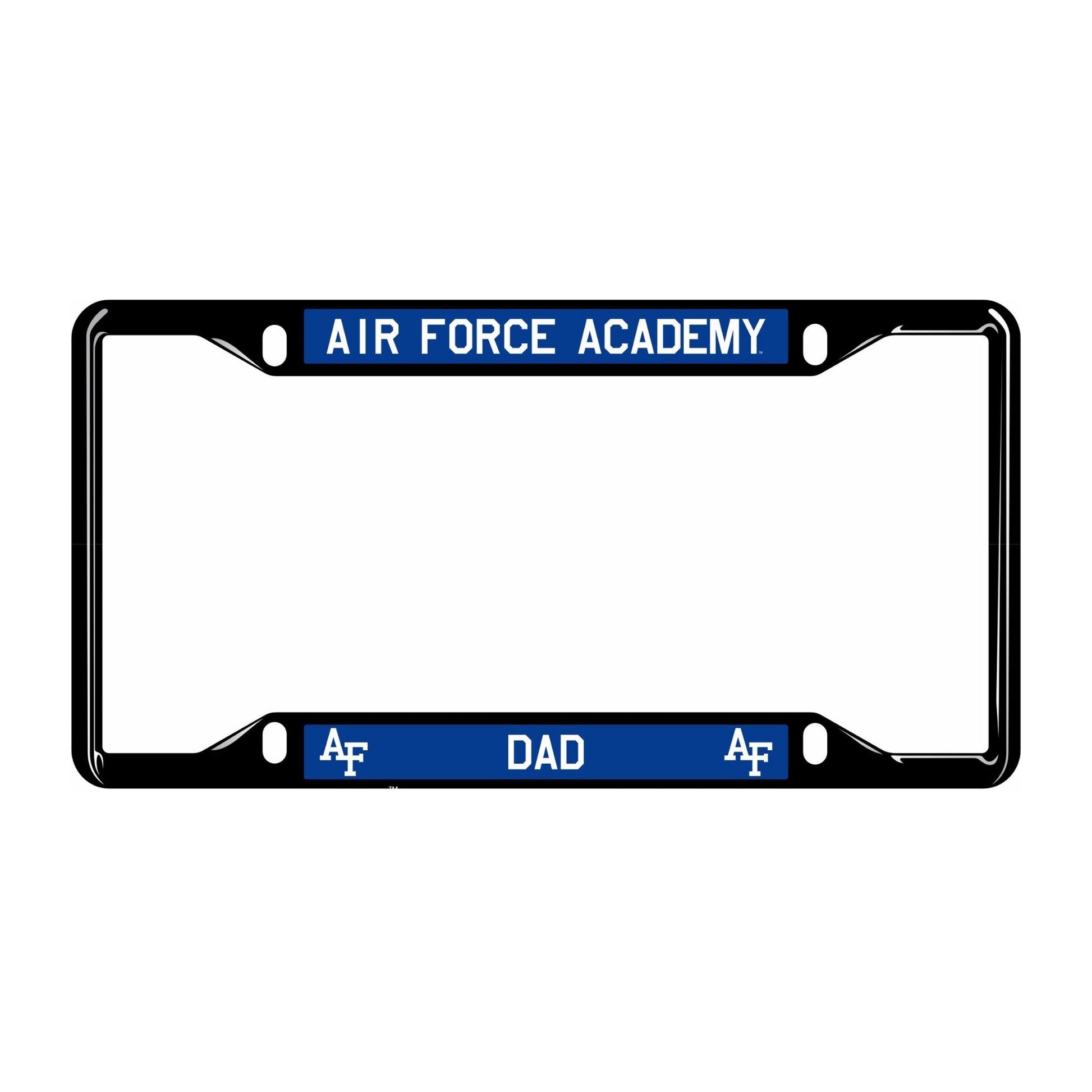 Air Force Academy Dad license plate frame in black with blue accents and AF logos