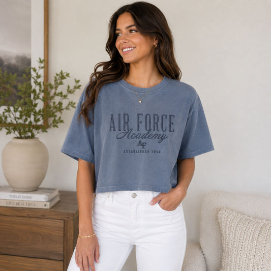 Women's washed denim Air Force Academy Embroidered Midi Tee with tonal embroidered collegiate lettering and relaxed midi-length fit.