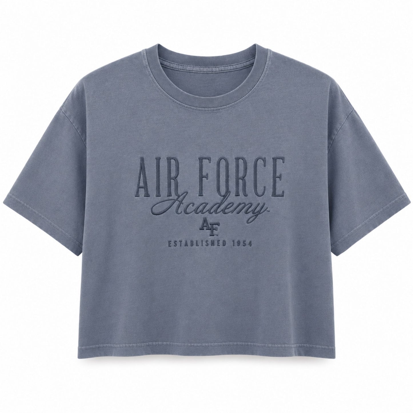 Women's washed denim Air Force Academy Embroidered Midi Tee with tonal embroidered collegiate lettering and relaxed midi-length fit.