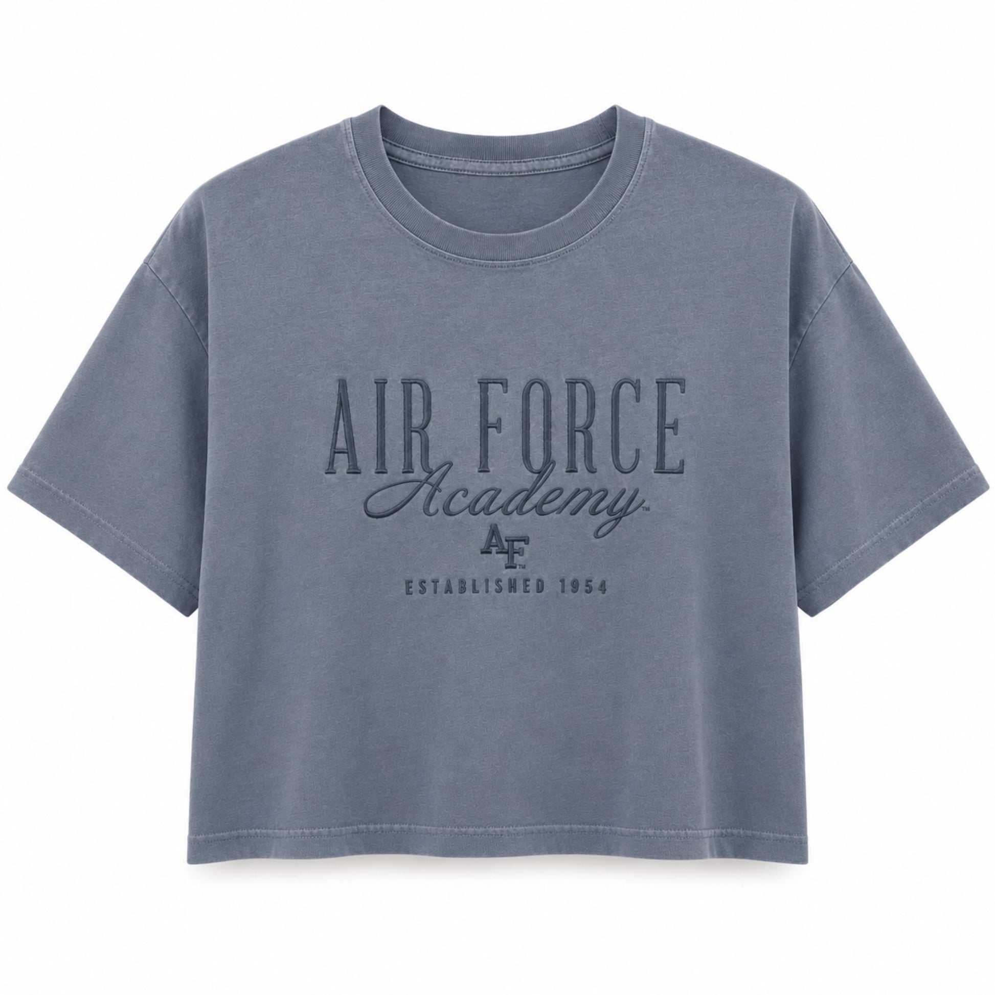 Women's washed denim Air Force Academy Embroidered Midi Tee with tonal embroidered collegiate lettering and relaxed midi-length fit.