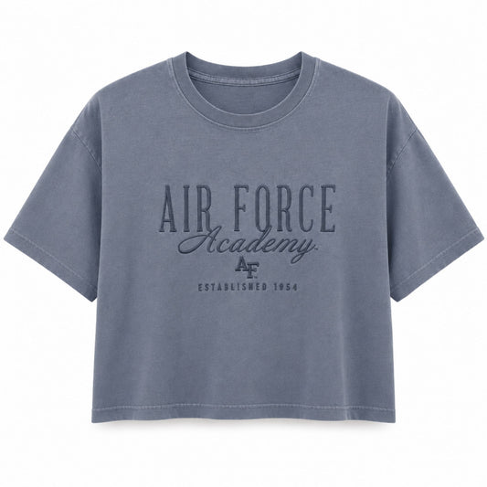 Women's washed denim Air Force Academy Embroidered Midi Tee with tonal embroidered collegiate lettering and relaxed midi-length fit.