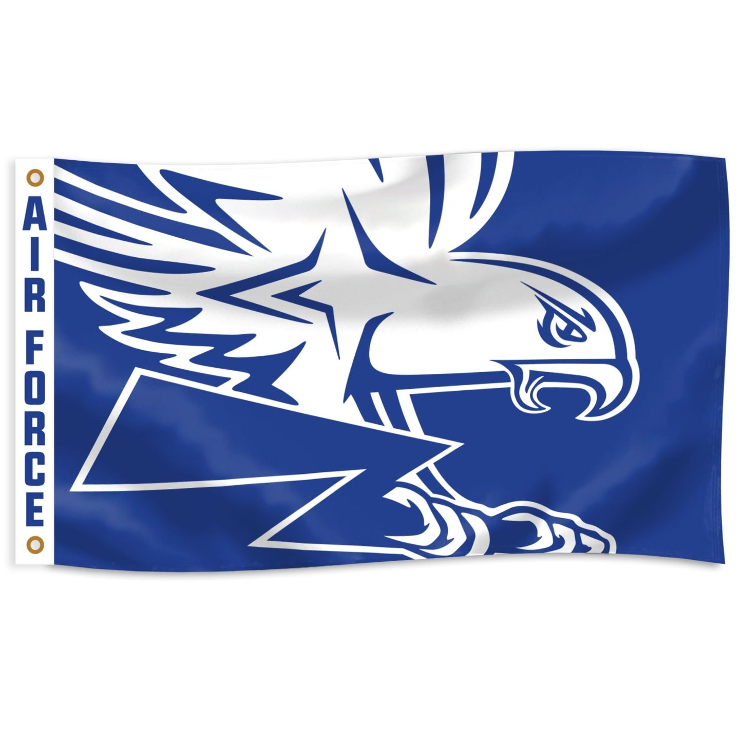 Air Force Academy Falcon mascot blue flag featuring a bold white falcon graphic with “Air Force” text along the hoist