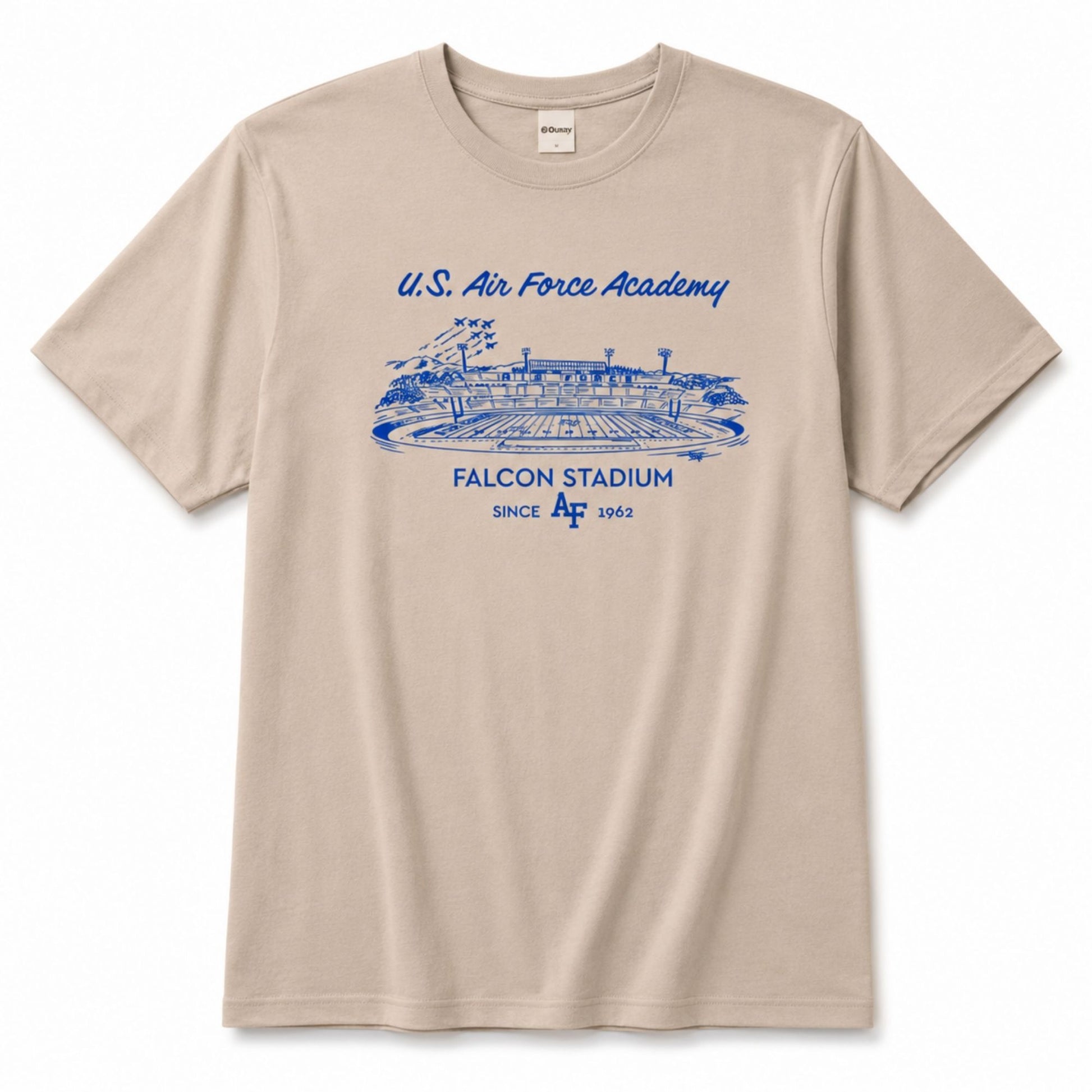 Air Force Academy Falcon Stadium Vintage Tee in sand beige with royal blue stadium graphic and relaxed unisex fit