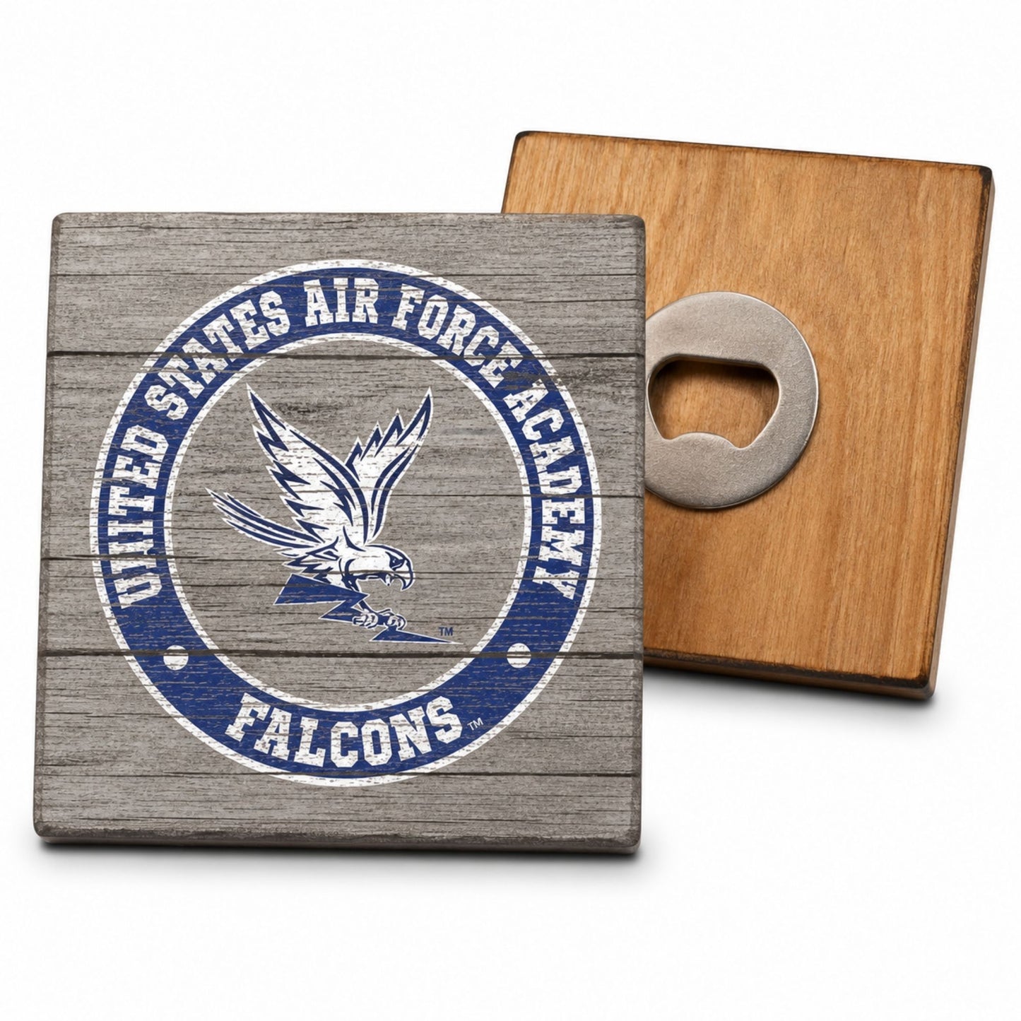 Air Force Academy Falcons wooden coaster bottle opener with distressed gray finish and integrated metal bottle opener on the reverse side.