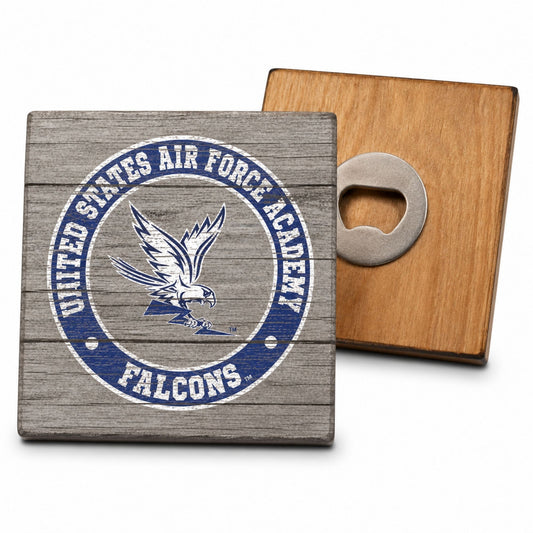 Air Force Academy Falcons wooden coaster bottle opener with distressed gray finish and integrated metal bottle opener on the reverse side.