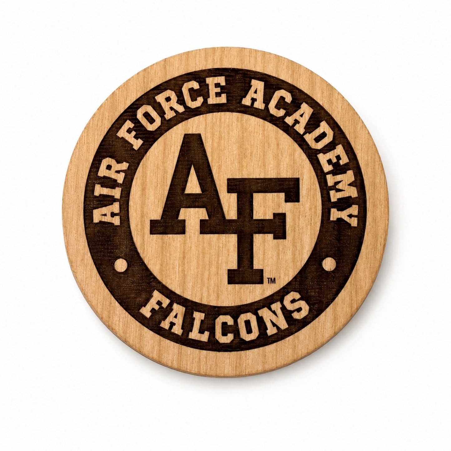 Round Air Force Academy Falcons wooden magnet with engraved AF logo and natural wood grain finish.