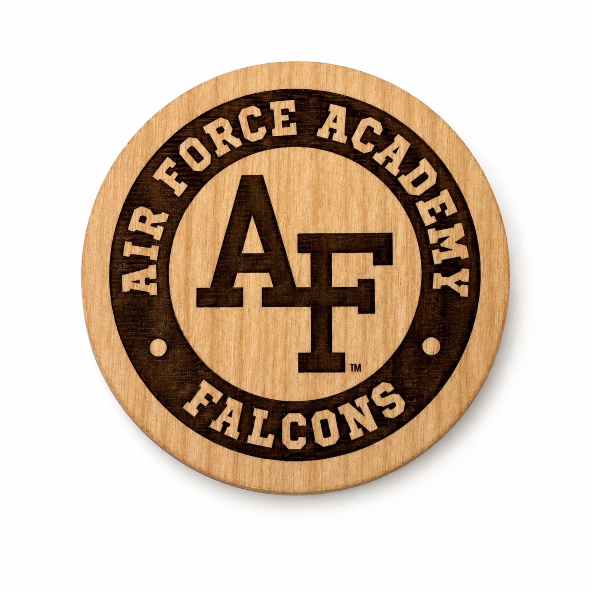 Round Air Force Academy Falcons wooden magnet with engraved AF logo and natural wood grain finish.