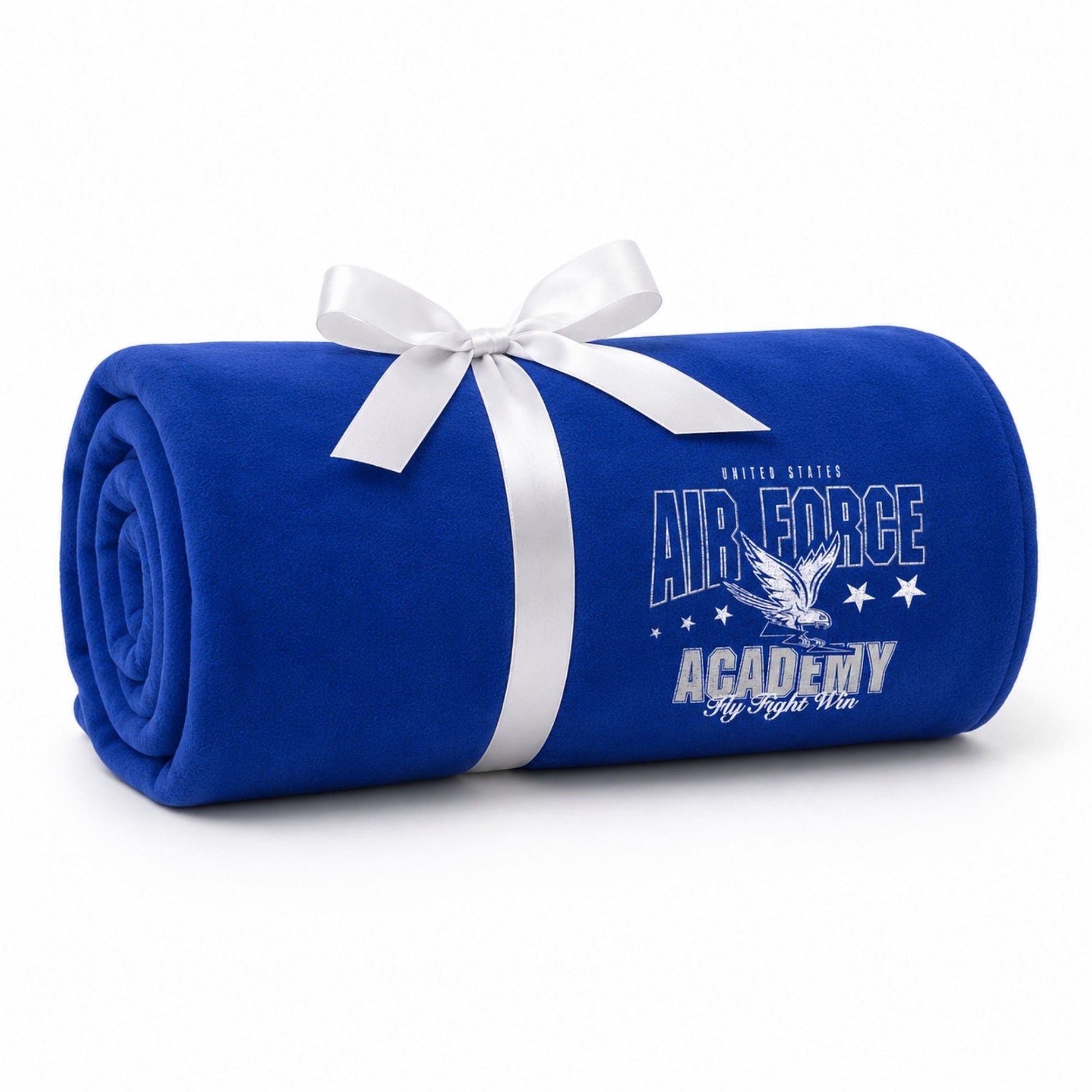Royal blue Air Force Academy fleece blanket with vintage Fly Fight Win graphic on white background