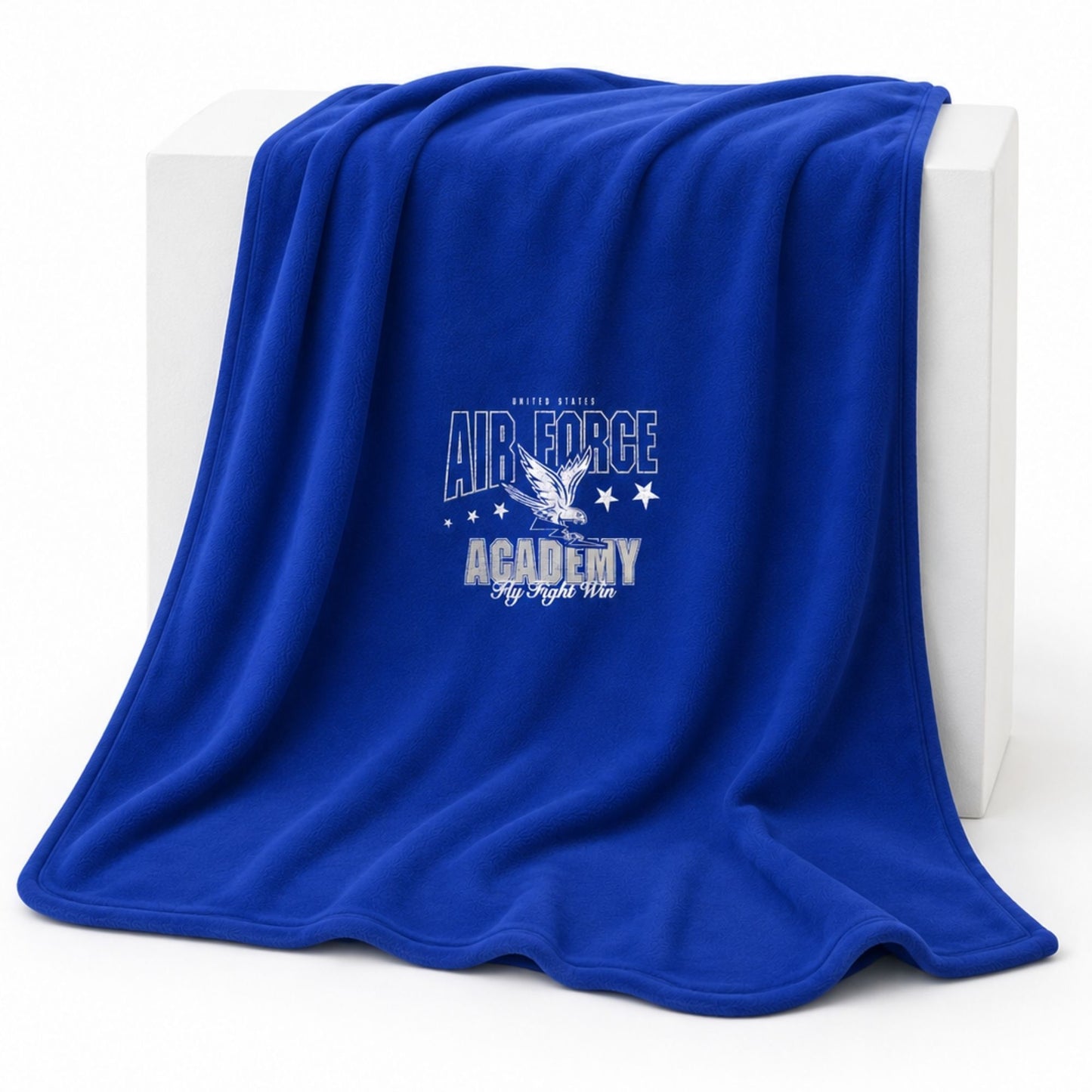 Royal blue Air Force Academy fleece blanket with vintage Fly Fight Win graphic on white background