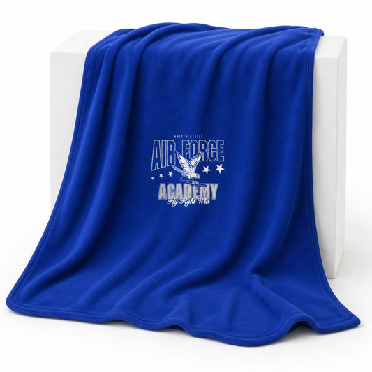 Royal blue Air Force Academy fleece blanket with vintage Fly Fight Win graphic on white background