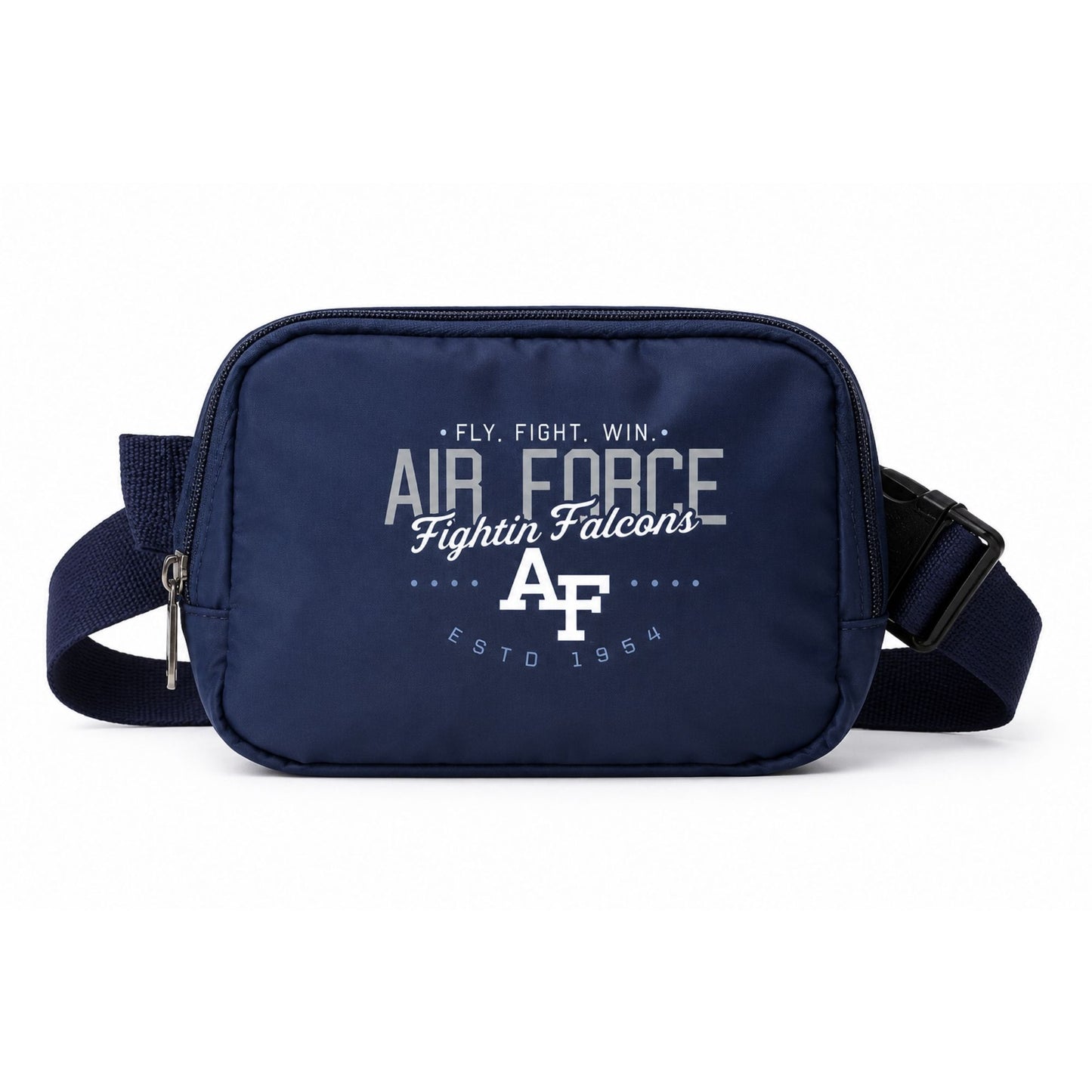 Air Force Academy Fly Fight Win Crossbody bag in navy blue with adjustable strap and stadium-compliant design on white background