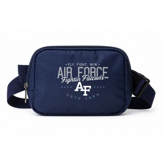 Air Force Academy Fly Fight Win Crossbody bag in navy blue with adjustable strap and stadium-compliant design on white background