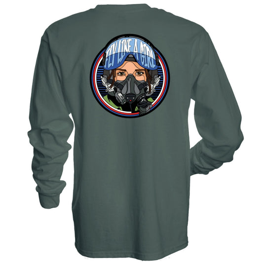Air Force Academy Fly Like a Girl long sleeve t-shirt back graphic with female pilot helmet design