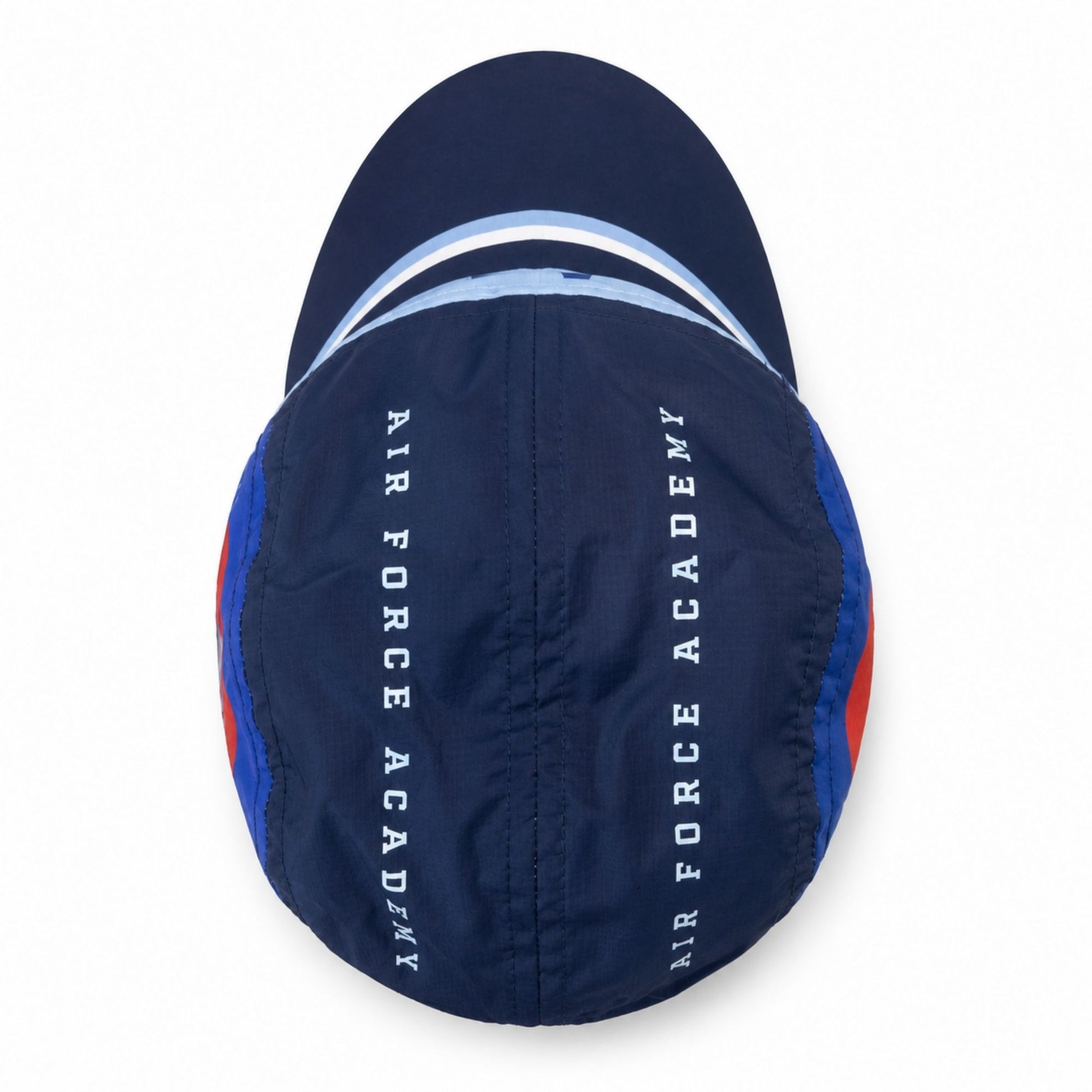 Navy and light-blue Air Force Academy cycling hat with AF logos, Colorado mountain graphics, a striped extended bill, and a foldable design.